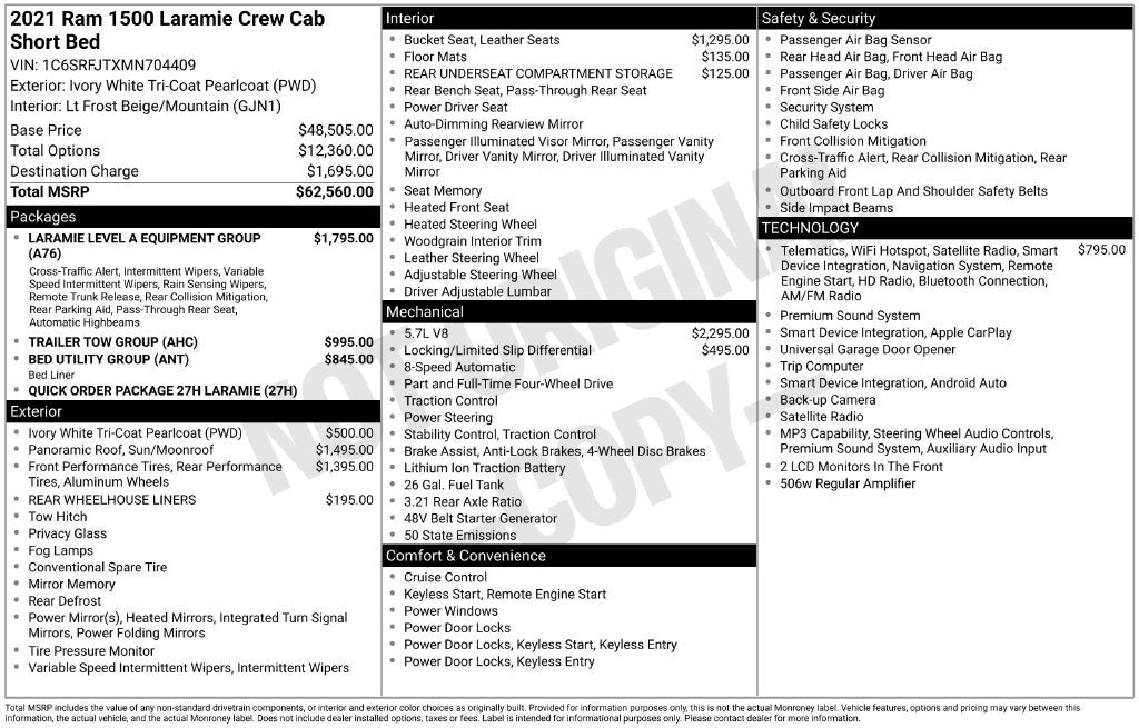 2021 RAM Ram 1500 Laramie Crew Cab 4x4 5'7' Box