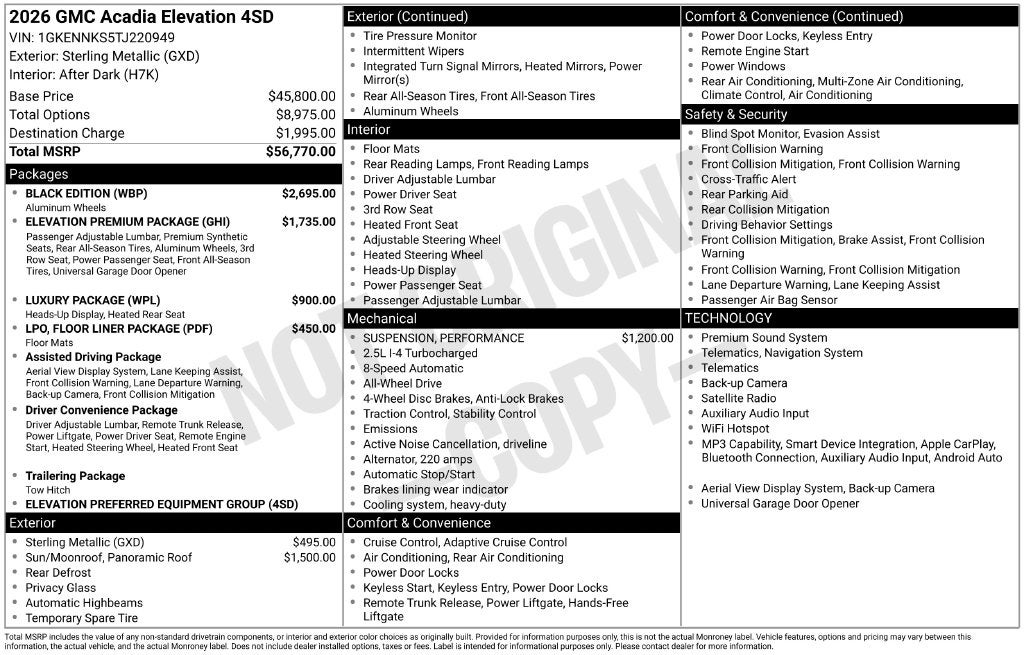 2026 GMC Acadia Elevation, AWD