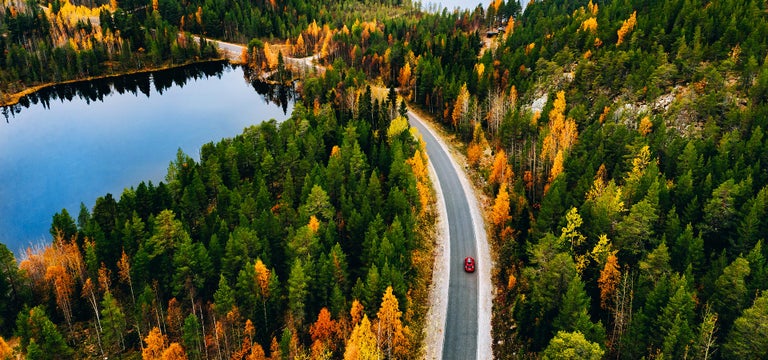 An overhead photo of a vehicle driving down an open road in the fall